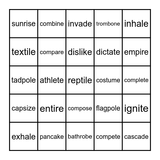 Reptile Words Bingo! Bingo Card