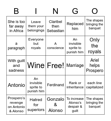 The Tempest ~ Acts 2 & 3 Review Bingo Card