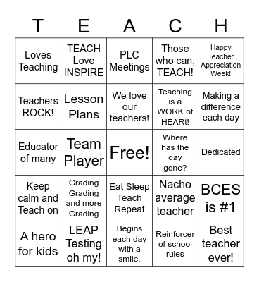Teacher Appreciation BINGO Card