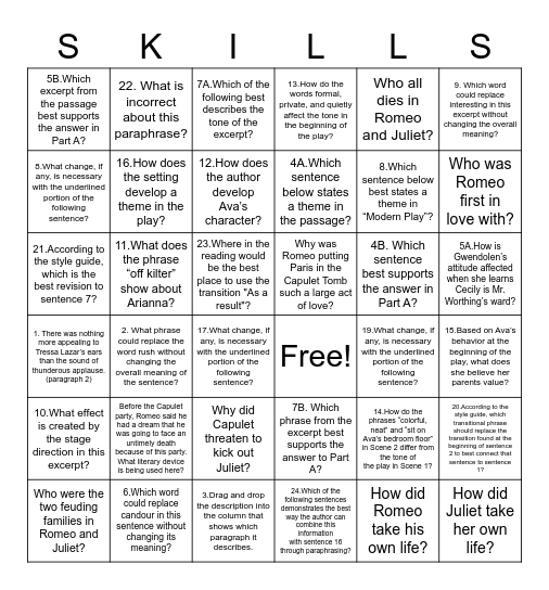 Unit 4 Skills Review Bingo Card