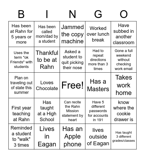 Rahn Teacher Bingo Card