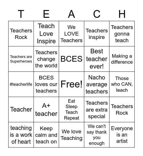 Teacher Appreciation Bingo Card
