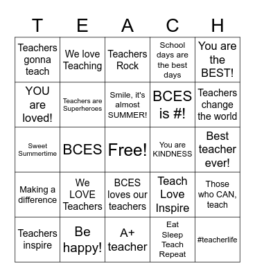 Teacher Appreciation Bingo Card