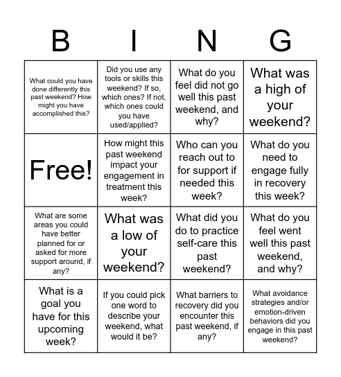 Weekend Review Bingo Card