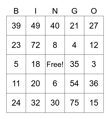 Algebra Bingo Card