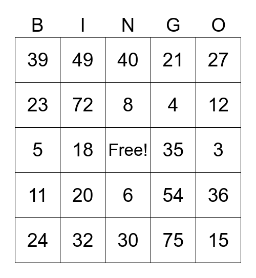 Algebra Bingo Card