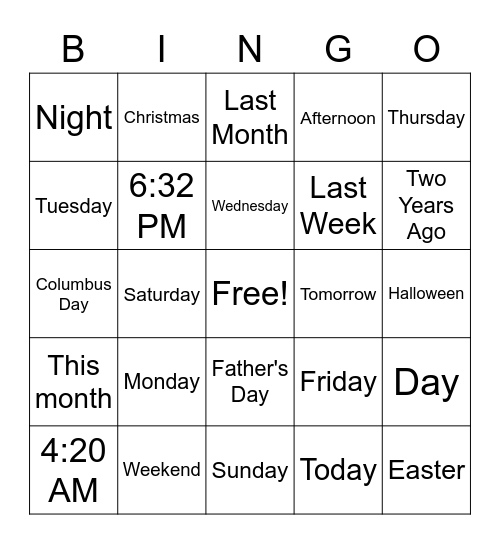 weekday bingo Card