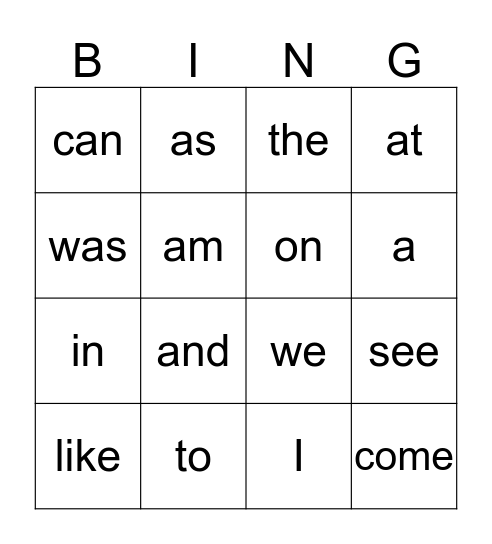 Popcorn Words Bingo Card