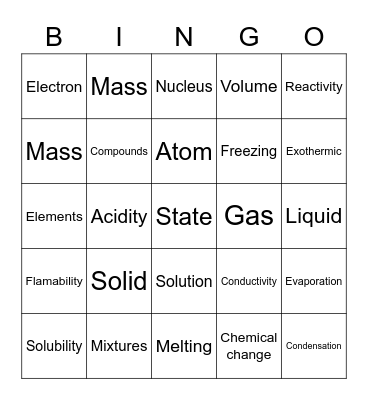 Matter: Properties & Changes Bingo Card