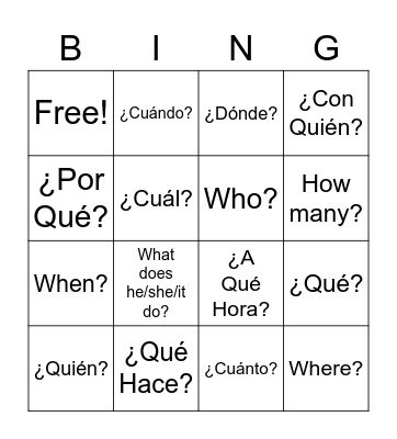 Spanish Interrogative Words Bingo Card