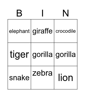 Zoo Animals Bingo Card