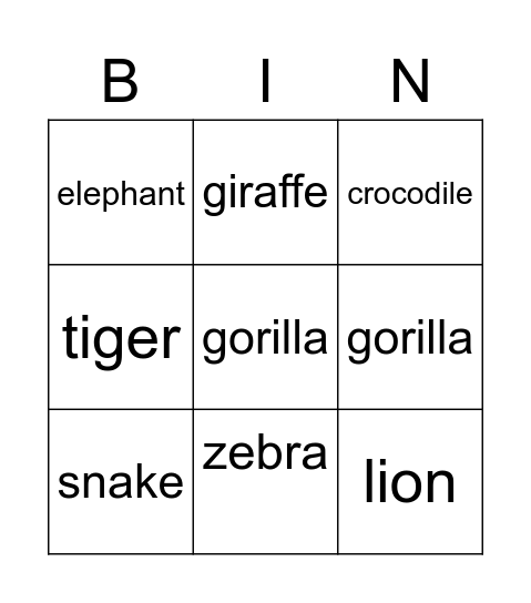 Zoo Animals Bingo Card