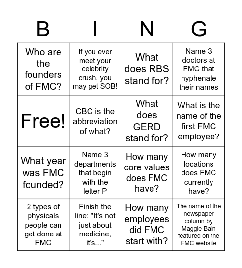 How Well Do You Know FMC? Bingo Card