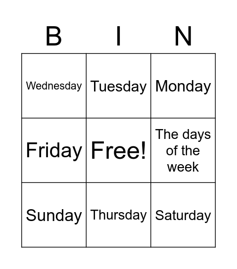 The days of the week Bingo Card