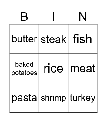 Dinner Bingo Card