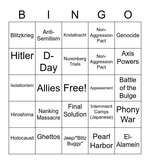 WWII Bingo Card