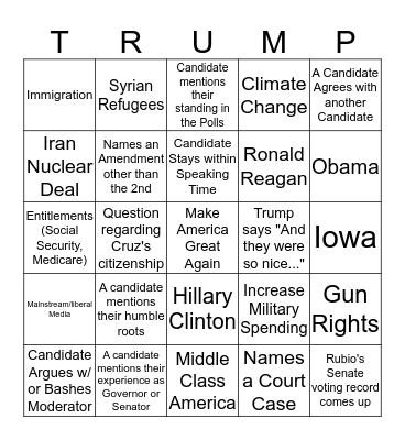 Republican Debate January 14, 2016 Card # 1 Bingo Card