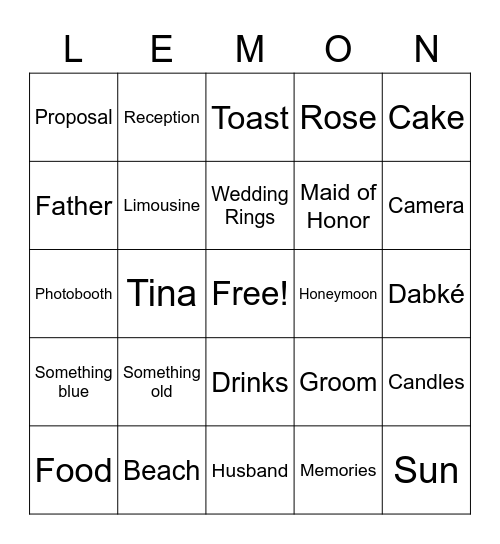 Bridal Bingo Card