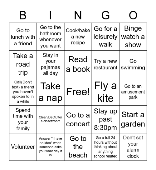 Summertime Bucket List BINGO Card