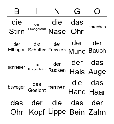 Deutsch: die Korperteile Bingo Card