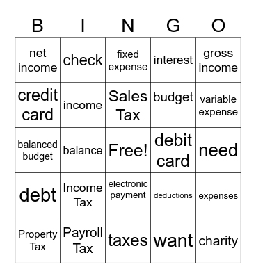 Financial Literacy Bingo Card