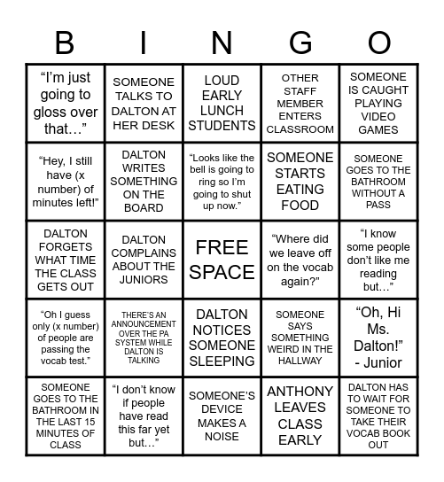 DALTON Bingo Card