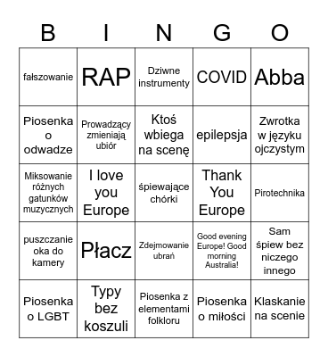 Bingo Eurowizja Bingo Card