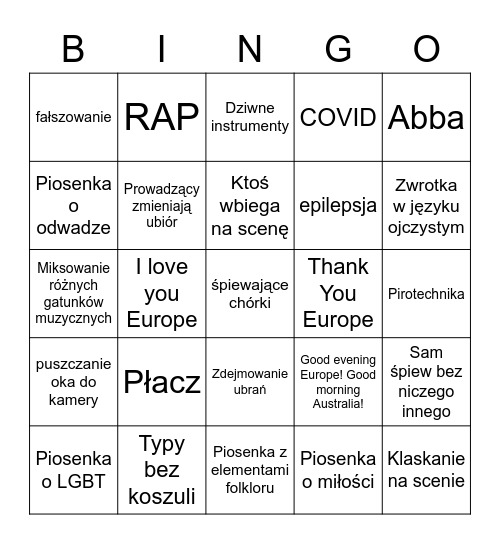 Bingo Eurowizja Bingo Card