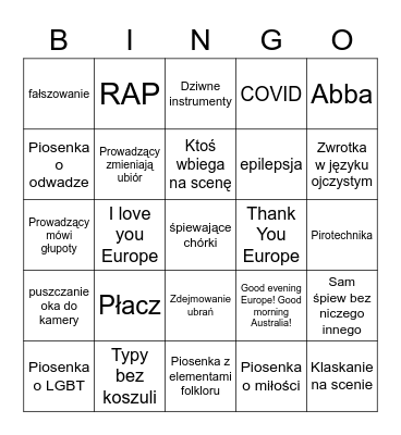 Bingo Eurowizja Bingo Card