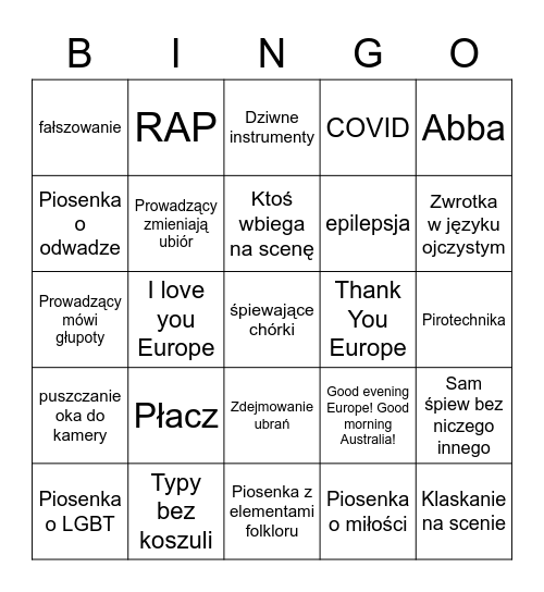 Bingo Eurowizja Bingo Card