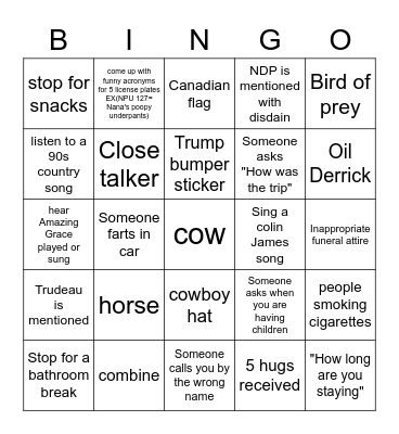 Saskachewan Trip Bingo Card