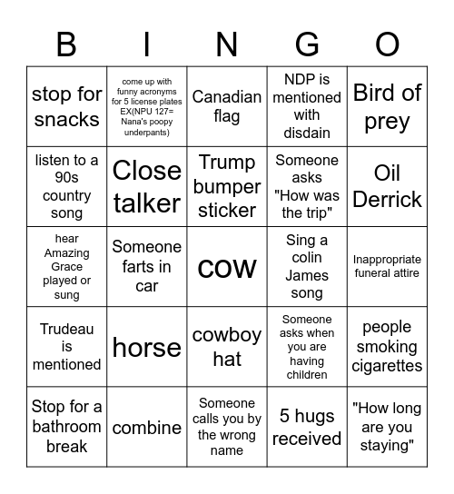 Saskachewan Trip Bingo Card