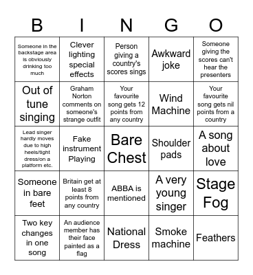 Eurovision Bingo Card