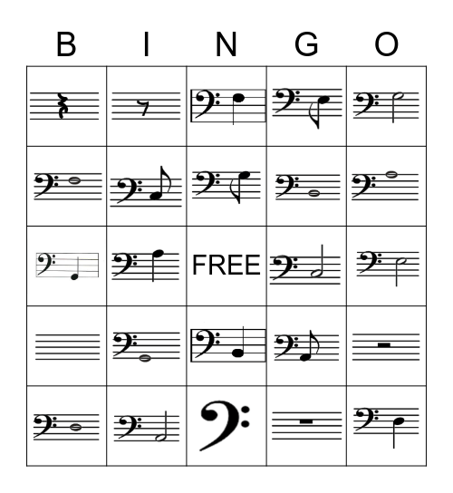 Bass Clef/Note Values Bingo Card