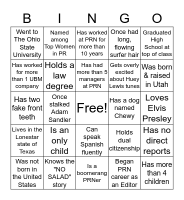 PRN Sales Leadership Bingo Card