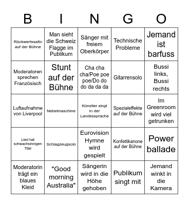 Eurovision Bingo Card