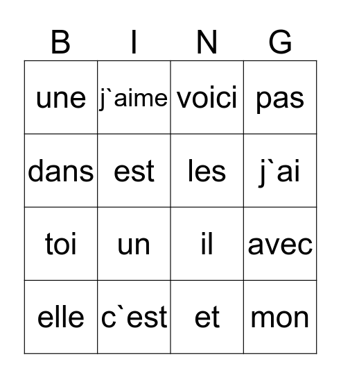 Mots  Bingo Card