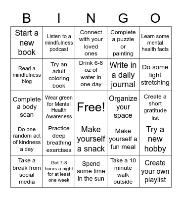 Mental Health Awareness Month Bingo Card