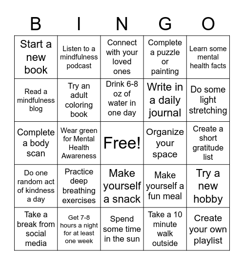 Mental Health Awareness Month Bingo Card