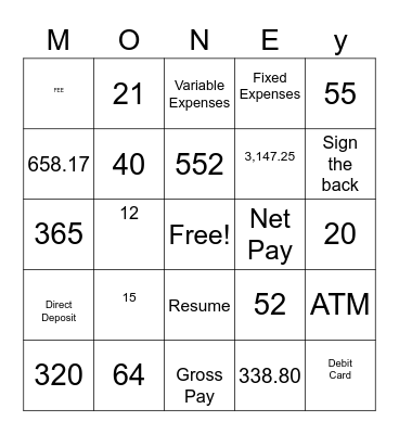 Money Bingo Card