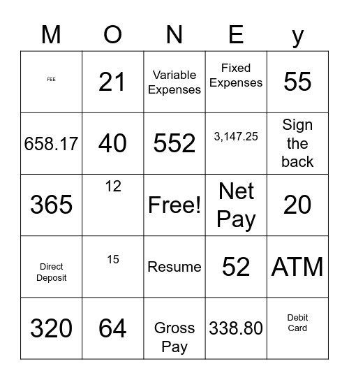 Money Bingo Card