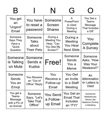 Work Week Bingo Card