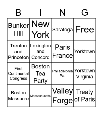 Events of the American Revolution Bingo Card