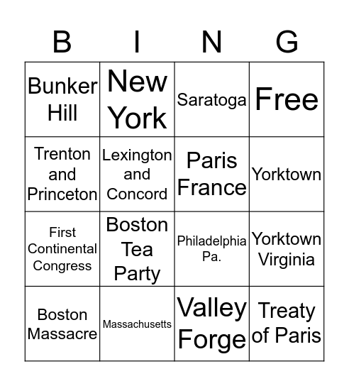 Events of the American Revolution Bingo Card