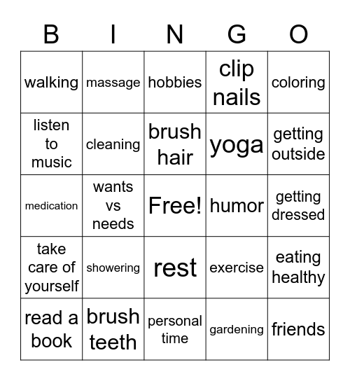 Self-Care Bingo Card