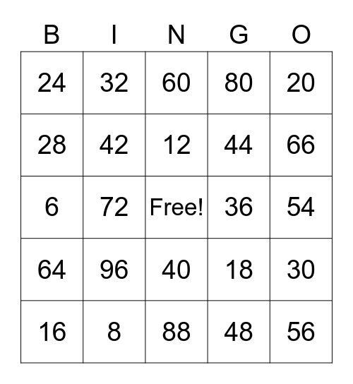 Multiplication 4,6,8 Bingo Card