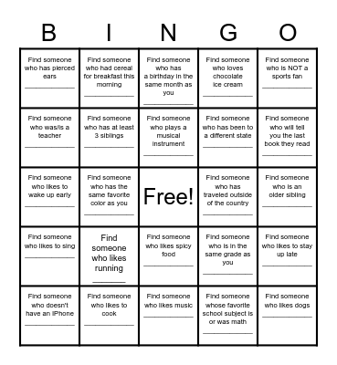 Find a Friend Bingo Card