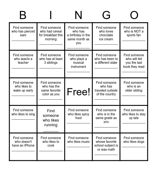 Find a Friend Bingo Card