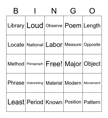 5th Grade Bingo Card