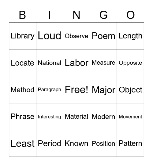 5th Grade Bingo Card